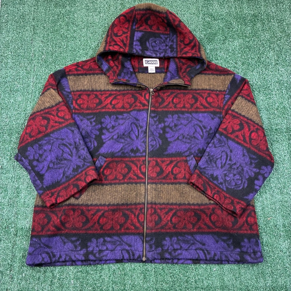 Vintage 90s Tribal Floral Full Zip Hoodie Fleece Jacket Large